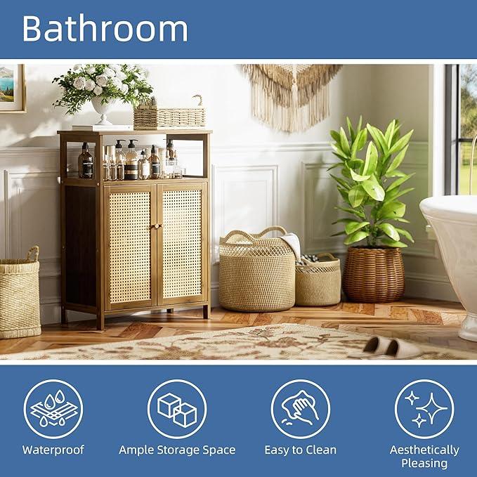 HITNET Rattan Bathroom Floor Cabinet, Freestanding Bamboo Storage Cupboard with 2 Doors, Living Room Sideboard, Space Saving, Walnut - ModernBath
