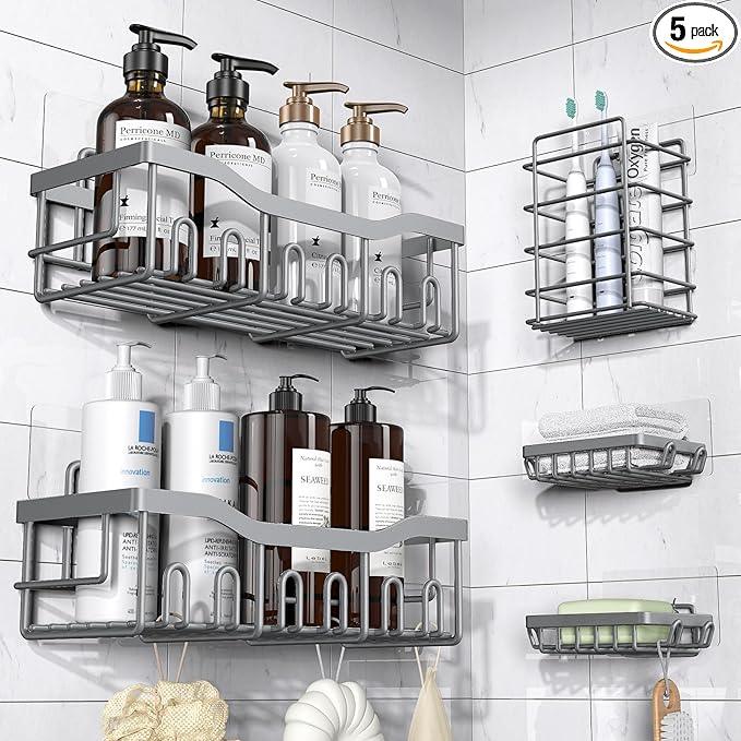 EUDELE 5-Pack Rustproof Stainless Steel Shower Caddy – No Drill Adhesive Bathroom Organizer with Large Capacity, Spacious Shower Shelves for Inside Shower, Kitchen & Home Decor Storage-XL Size - ModernBath