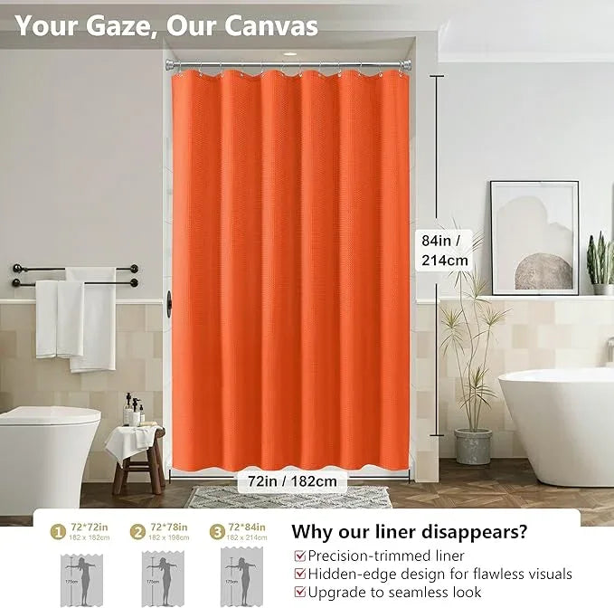Luxury 3 in 1 Shower Curtain Set 3D Textured Waffle Weave Bathroom Curtain with Waterproof SGS Certified Fabric Liner & 12 Anti-Fall Stainless Steel Hooks, Machine Washable 72"x84" (Orange) - ModernBath