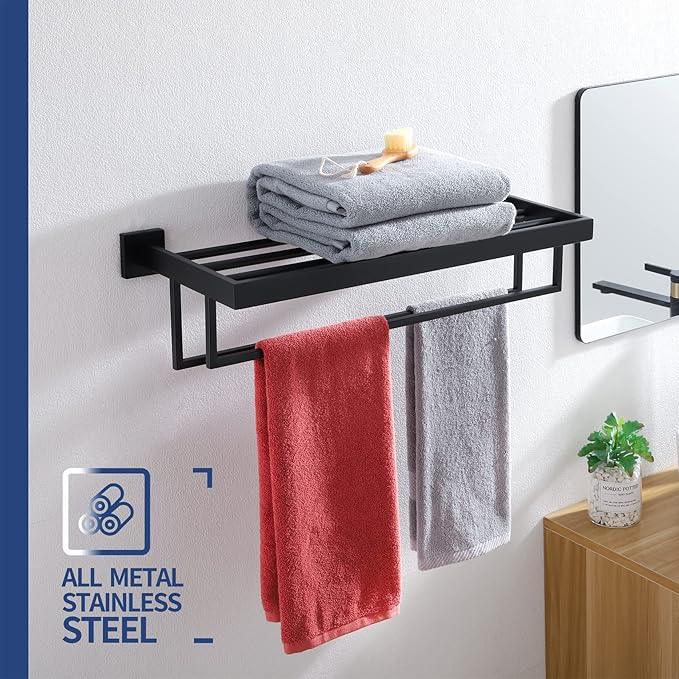 KOKOSIRI Black Towel Rack 20'' Bathroom Towel Shelf with Double Towel Bars SUS304 Matte Black Stainless Steel Wall Mounted, B6003BK-L20 - ModernBath