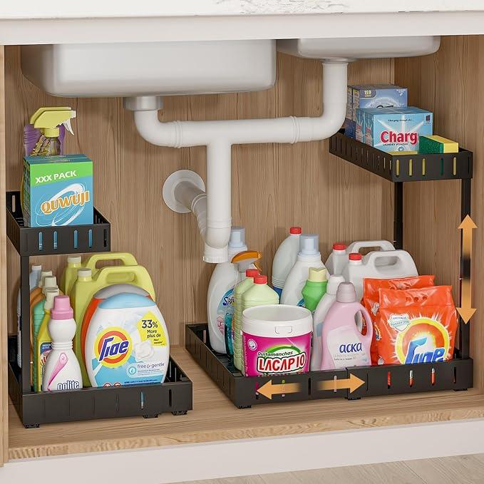 REALINN Under Sink Organizer, 2 Tier Expandable Under Cabinet Organizer, Heights Adjustable Pull Out Storage for Kitchen Bathroom Laundry, Black, 2 Pack - ModernBath