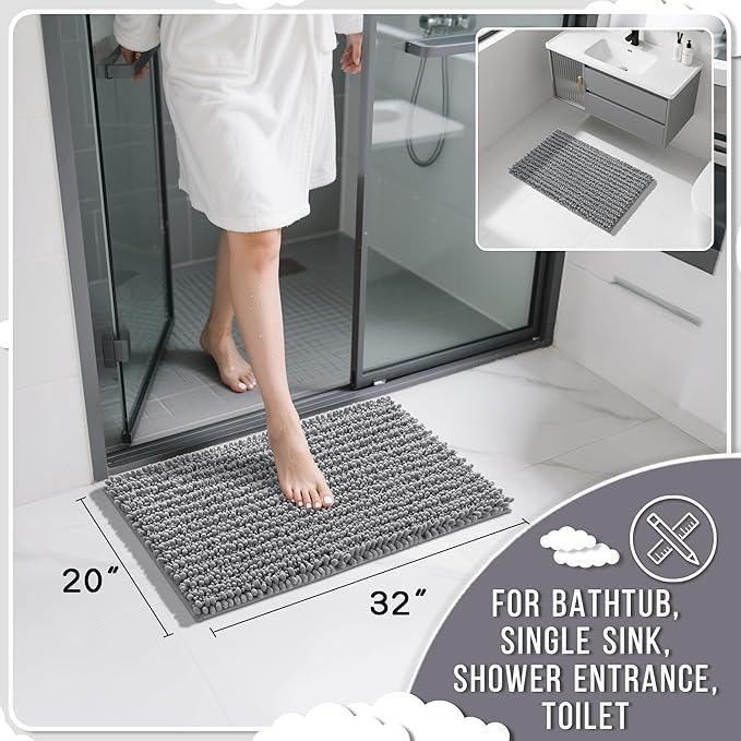 Yimobra Bathroom Rugs Non Slip Washable 32x20 Inch - Ultra Soft Absorbent Chenille Bath Mat, Quick Dry Shaggy Floor Carpet for Tub Shower, Gray Home Decor Accessories - ModernBath