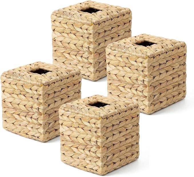 4 Pack Square Rattan Tissue Box Cover, Water Hyacinth Tissue Box Holder, Natural Hand Woven Wicker Tissue Holder for Bathroom, Kitchen, Living Room, Bedroom, Boho Decorative - ModernBath