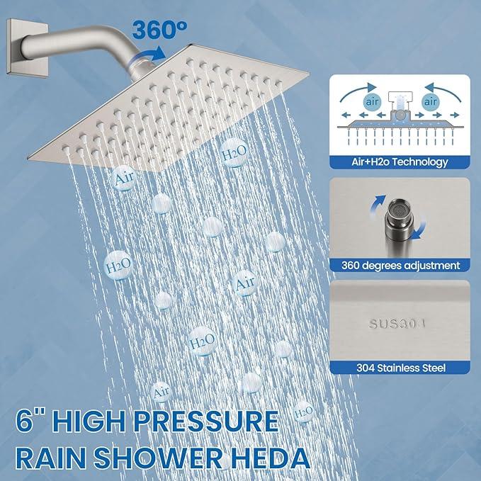 Airuida Shower Faucet Set Bathroom Rain Shower System SUS304 Stainless Steel Single Handle With Male Threads Rough-in Valve Shower Trim Kit 6 Inch Wall Mount Shower Head Brushed Nickel - ModernBath