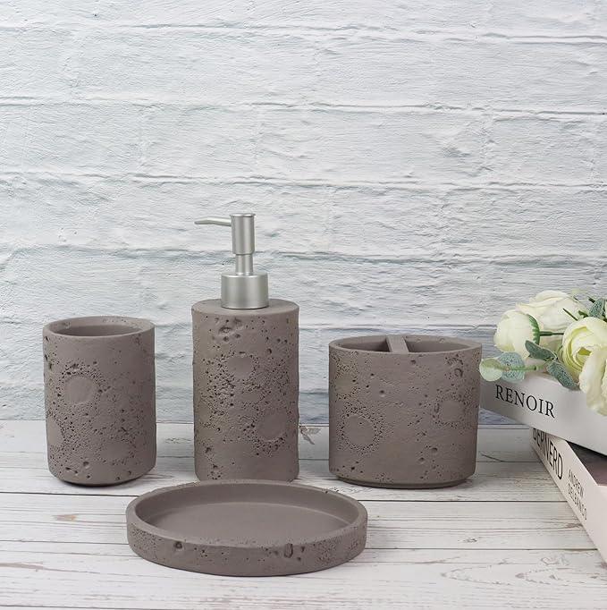 Hymmah Meteorites Bathroom Accessories Set,Farmhouse Bathroom Decor,4 Pcs Resin Gift Set Apartment Necessities, Contain Cotton Swab Jar,Soap Dispenser,Tumbler，Soap Dish/Tray - ModernBath