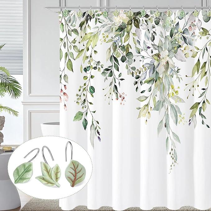 Gibelle 12PCS Leaves Shower Curtain Hooks, Green Plant Leaf Decorative Shower Curtain Hooks Metal Rustproof Cute Eucalyptus Shower Curtain Rings Bathroom Decoration Accessories - ModernBath