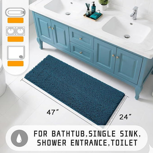 Yimobra Long Bathroom Rugs 47"x24", Extra Soft Non Slip Bath Mat for Tub, Super Absorbent Quick Dry Shaggy Rug Floor Carpet, Machine Washable,Peacock Blue - ModernBath