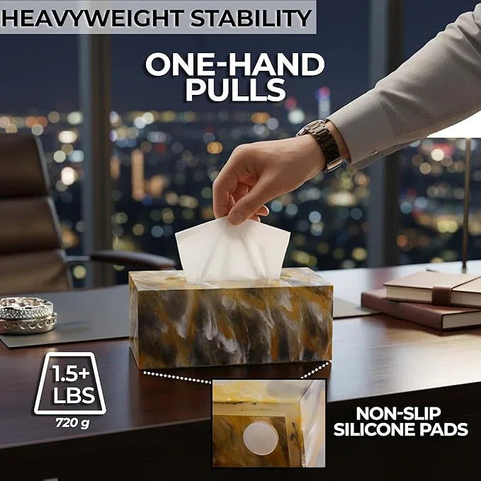 LebriQ Rectangular Tissue Box Cover | Heavyweight 1.5lbs Non-Slip Base | Gift Box Ready |Black, Amber & White Marble Acrylic Tissue Holder | Decorative Tissue Box for Bathroom, Bedroom,Office & Vanity - ModernBath