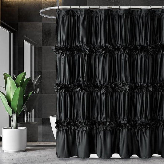 Homechoice Decor Black Ruffle Shower Curtain, Vintage Handcrafted Bow Tie Bath Curtain for Master Bathroom, Ruched Satin Bathroom Curtain with 12 Buttonholes, 72" W x 72" H (LQ-10) - ModernBath