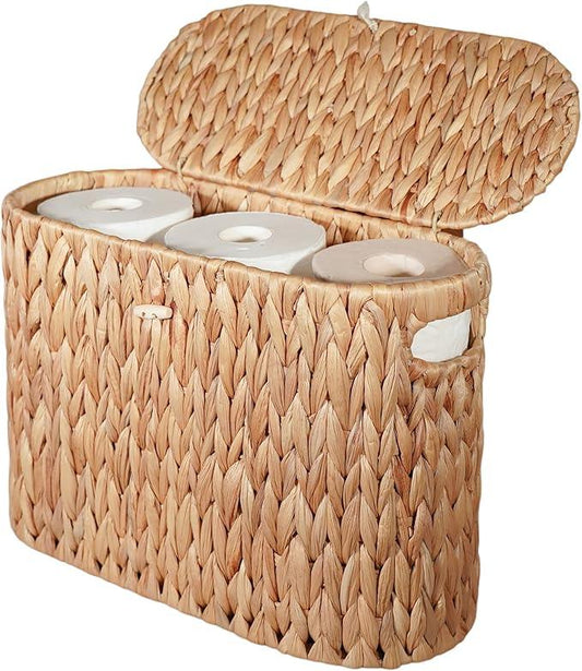 PINXIURY Water Hyacinth Toilet Paper Storage Basket, Bathroom Toilet Organizer with Lid, Woven Toilet Paper Holder for 6 Mega Rolls Bathroom Storage, Magazine Holder for Office, Bedroom - ModernBath