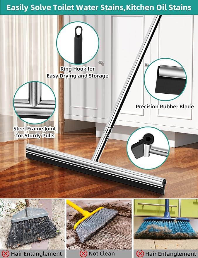Floor Squeegee Scrubber 59inch Long Stainless Steel Handle with 15inch Wide Silicon Rubber Blade Squeegee Broom for Floor Washing and Drying Shower Glass, Garage, Window, Marble, Wood Surfaces - ModernBath