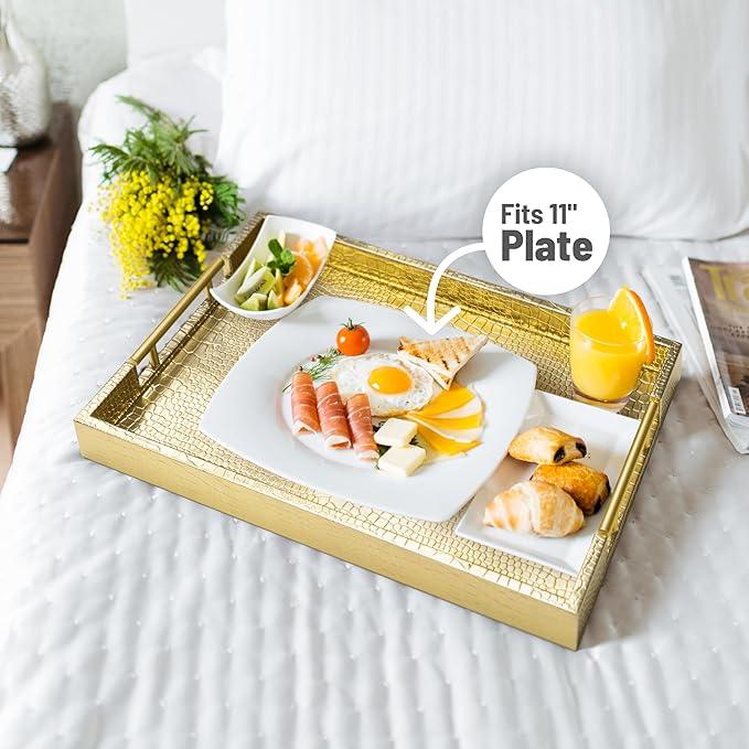 ATZYmolin 17" x 12" Wood Serving Tray with Gold Polished Metal Handles, Home Decorative Wooden Rectangle Ottoman Leather Decor Platter Bathroom Vanity Tray for All Occasions Alligator Gold - ModernBath