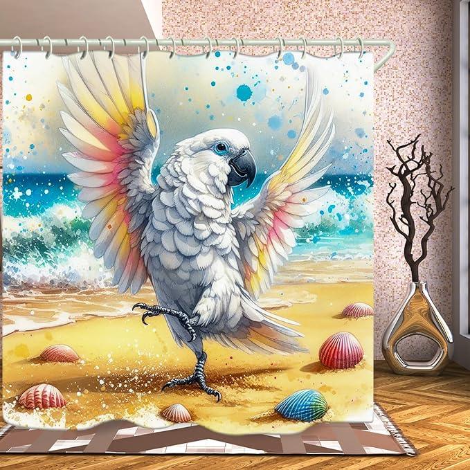 LYFANS Bathroom Uses A Dancing White Parrot On The Beach 3D Shower Curtain, Luxury Bathtub Standard Shower Curtain, Waterproof and Bright Fabric Shower Curtains, Size (72x72 Inches) - ModernBath