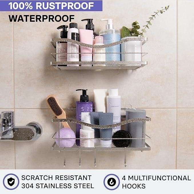 KINCMAX Premium Shower Caddy, Self Adhesive Wall Shower Organizer, 2-Pack No Drill Bathroom Shelves, Rustproof Stainless Steel Shampoo Holder, Storage Rack, Silver - ModernBath
