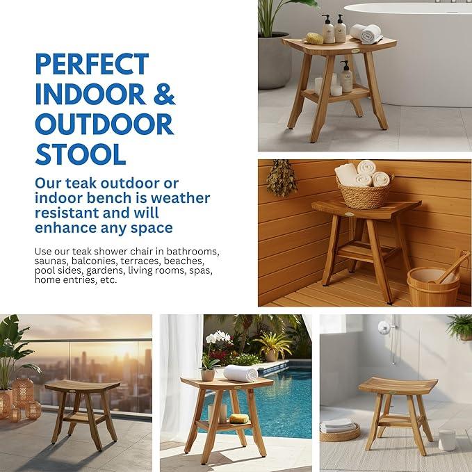 EcoDecors 18" Satori Teak Shower Bench –Compact Bath Seat, Natural Wood Finish Water-Resistant Spa Bench | Slatted Design & Adjustable Feet for Indoor Outdoor Use | Storage Shelf - ModernBath