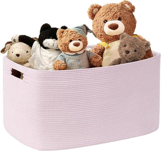 45L Small Baby Girls Laundry Basket for Nursery Storage,Cute Woven cotton Rope Baskets for Kids Toy，Gifts, Boho Square Wicker Blanket hamper for Living Room,Bedroom Dirty Clothes,Pink - ModernBath