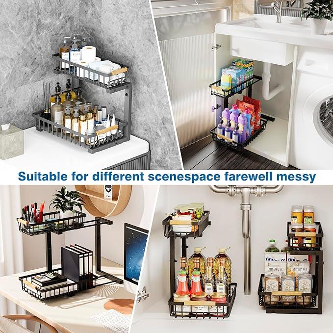 Under Sink Organizers, 2 Tier Pull Out Under Cabinet Organizer，Height Adjustable Pull Out Cabinet Drawers, Metal Sliding Drawer for Kitchen Bathroom Pantry Cabinet Closet Organization Rack，2 Packs - ModernBath