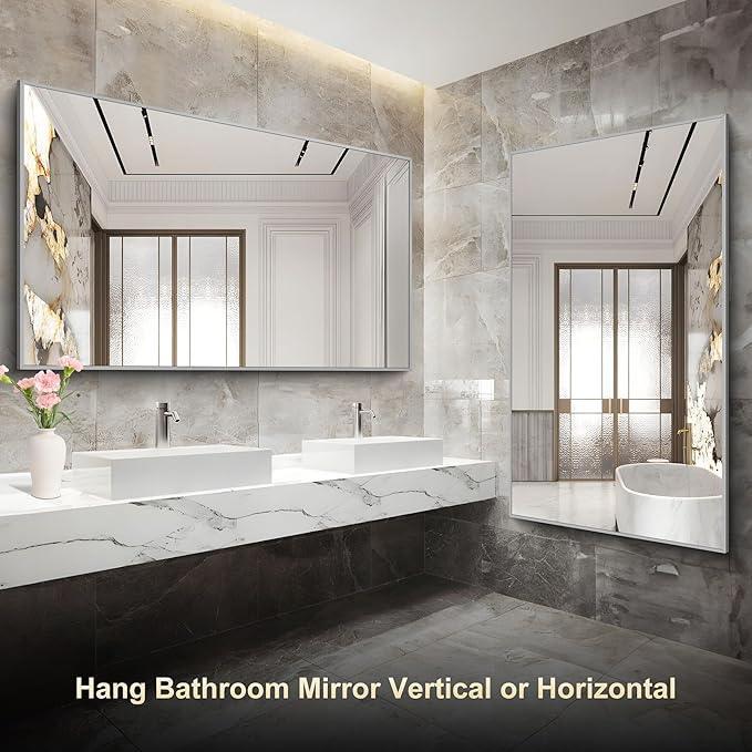 COFENY 36x60inch Brushed Nickel Bathroom Mirror, Silver Rectangle Mirror with Frame, Large Rectangular Wall Mirrors for Bathroom, Living Roomm, Hair Salon, Big Mirror Hang Horizontal/Vertical - ModernBath