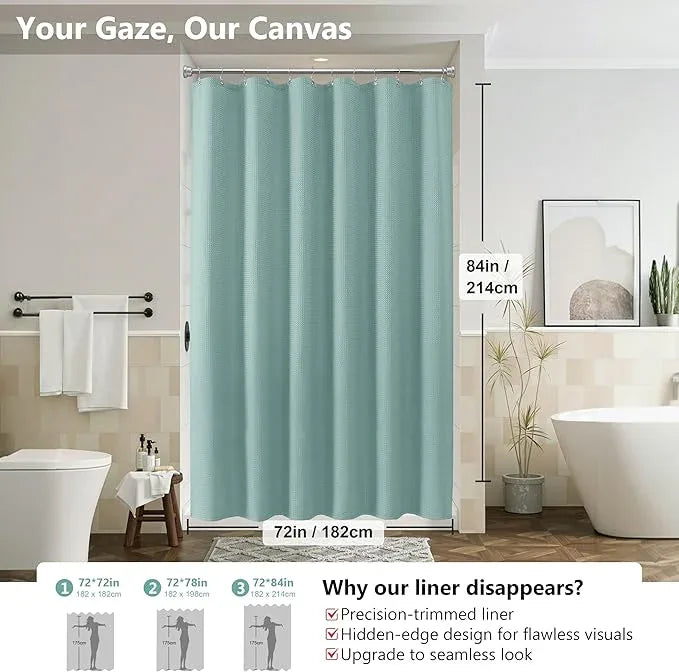 Luxury 3 in 1 Shower Curtain Set 3D Textured Waffle Weave Bathroom Curtain with Waterproof SGS Certified Fabric Liner & 12 Anti-Fall Stainless Steel Hooks, Machine Washable 72"x84" (Turquoise) - ModernBath