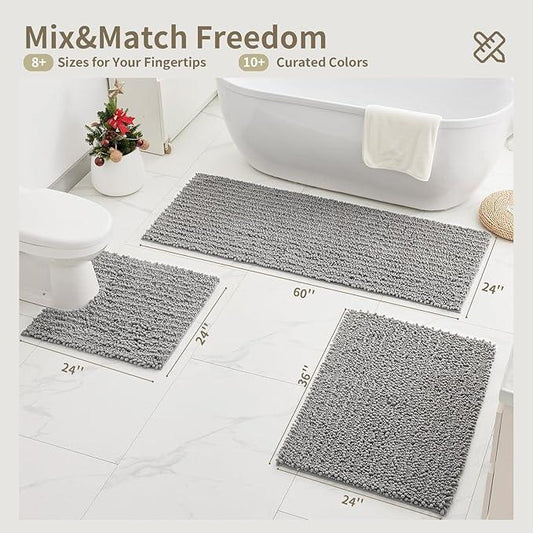 Ruggnovea Chenille Bathroom Rugs Non Slip Washable 32x20, Extra Thick Soft Absorbent Chenille Bath Mat, Non-Slip Barrier Backing, Quick Dry Machine Washable Bath Mats Tub, Shower,Floor/Sink,Grey - ModernBath