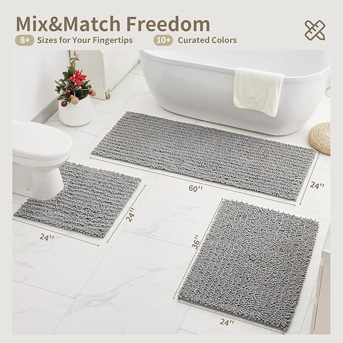 Ruggnovea Chenille Bathroom Rugs Non Slip Washable 36x24, Extra Thick Soft Absorbent Chenille Bath Mat, Non-Slip Barrier Backing, Quick Dry Machine Washable Bath Mats Tub, Shower,Floor/Sink,Grey - ModernBath