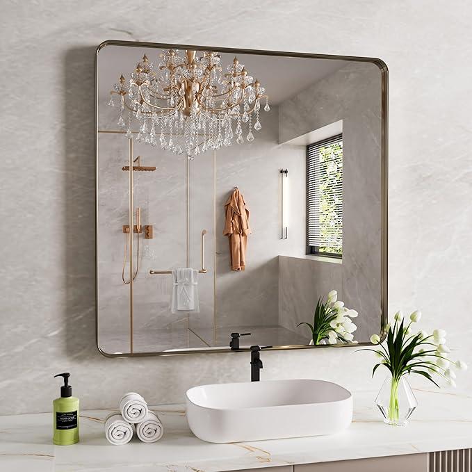 JISOSO Bronze Bathroom Mirror 36x36 Inch, Brushed Bronze Metal Frame Mirror for Wall, Rounded Rectangle Bathroom Vanity Mirror with Tempered Glass, Anti-Rust, Horizontal/Vertical - ModernBath