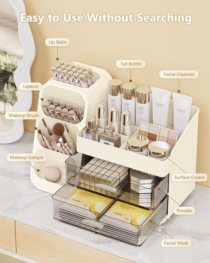 Anylady Makeup Organizer with Drawers, Skincare Organizer (Large Size Thick), Storage Box Cosmetic Display Cases, Make up Organizers for Vanity, Dresser, Desk, Kitchen, Countertop (cream) - ModernBath