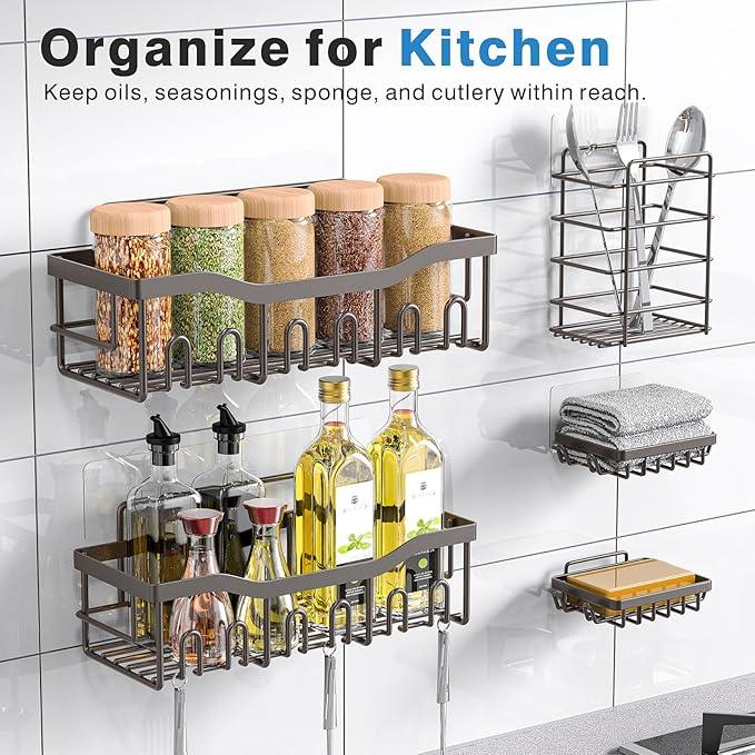 EUDELE 5-Pack Rustproof Stainless Steel Shower Caddy – No Drill Adhesive Bathroom Organizer with Large Capacity, Spacious Shower Shelves for Inside Shower, Kitchen & Home Decor Storage-XL Size - ModernBath