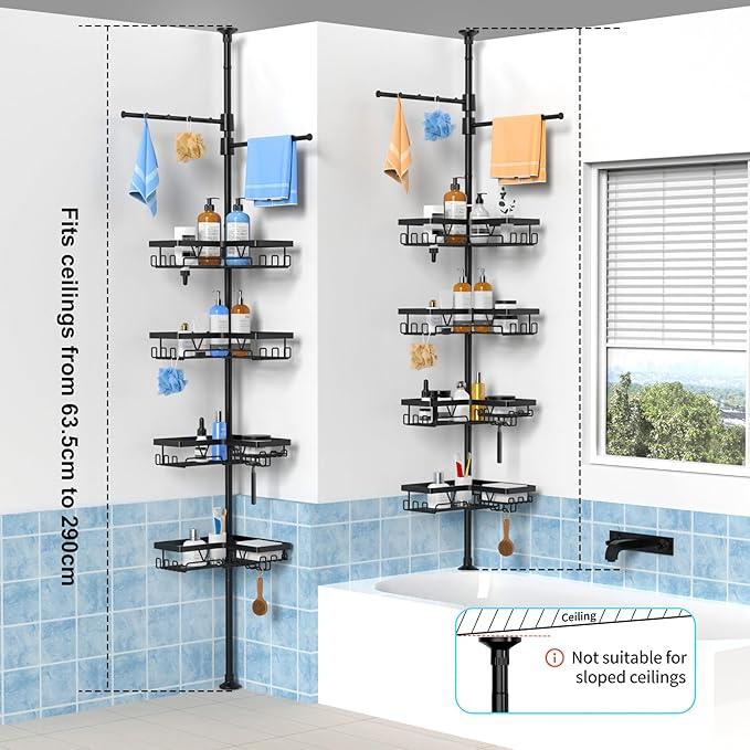 KEGII Black Shower Caddy Tension Pole with 2 Towel Bars, Adjustable Corner Bathroom Organizer, Rustproof Bathtub Storage Shelves for Shampoo, 25–114.2 Inch Shower Corner Rack for Renters & Family - ModernBath