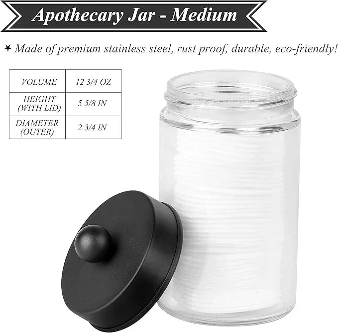 Apothecary Jars 3 Pack - Glass Bathroom Containers with Stainless Steel Lids - Rustic Farmhouse Decor Bathroom Accessories, Vanity Organizer Apothecary Jars for Qtip/Cotton Balls (Matte Black) - ModernBath
