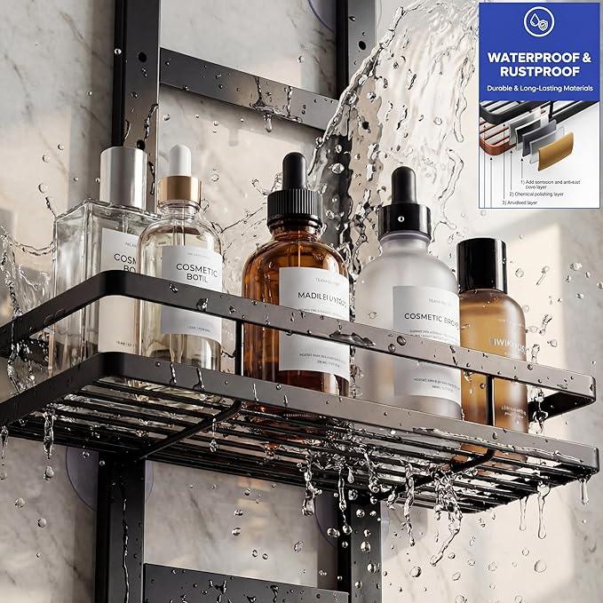 WEYALLE Over the Door Shower Caddy Hanging, Rustproof Shower Shelves with Waterproof Phone Pouch, 3-Tier Adjustable Bathroom Organizers and Storage, No Drilling Shower Shelf, Black Shampoo Soap Holder - ModernBath