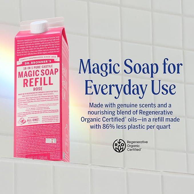Dr. Bronner's Magic Soap-Pure-Castile Liquid Soap Refill (Rose 32 ounce, 2-Pack)-Regenerative Organic Certified Oils, For Body, Hair, Laundry, Pets & Dishes, Concentrated, Vegan, Non-GMO - ModernBath
