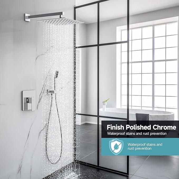 SR SUN RISE Shower Faucet Set & System - 12 Inch Rainfall Shower Head & Handle Set Wall Mounted Polished Chrome Solid Brass Valve Trim Kit Included - ModernBath