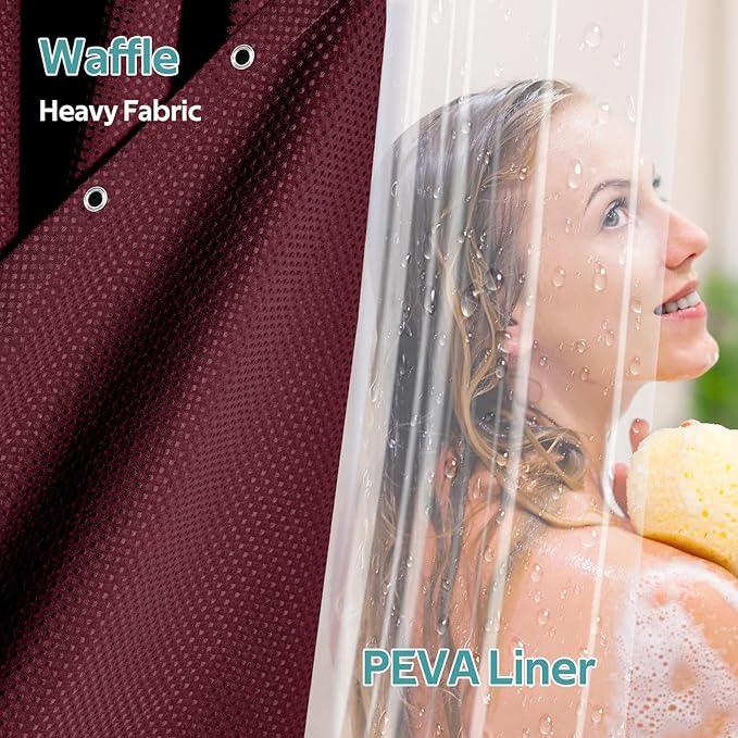 Vipfree 3 in 1 Shower Curtain Set, Waffle Shower Curtain and Liner Set with 12 Double Sided Shower Curtain Hooks, 258GSM Luxury Weighted Cloth Shower Curtains for Bathroom, 72 W x 72 H, Burgundy - ModernBath