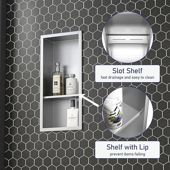 Stainless Steel Shower Niche 18"× 8" Brushed with 2- Tier Shelf No Tiled Needed Niche Shower for Wall Recessed Shower Shelf for Bathroom Storage - ModernBath