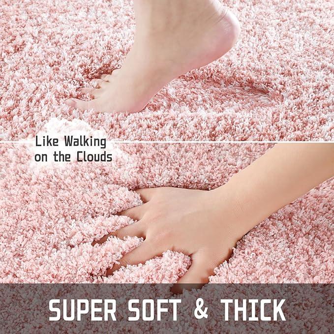 Yimobra Toilet Rugs U Shaped Washable 24x20, Ultra Soft and Water Absorbent Bath Mats, Non Slip Fluffy Shaggy Luxury Microfiber Contour Bath Rugs for Toilet, Dry Quick, Light Pink and White - ModernBath