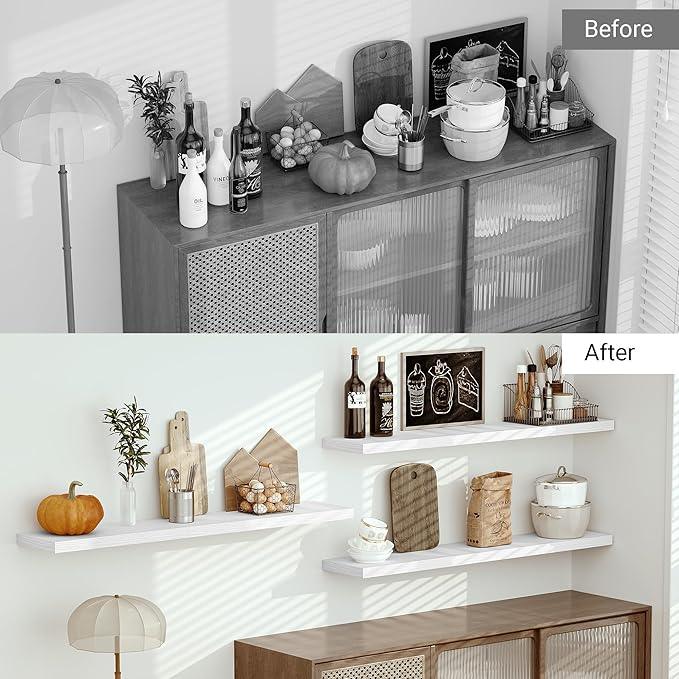 Vivelove 55" Long Floating Shelves for Wall, 10.3" Deeper & Thicker Storage Shelf for Living Room, Kitchen, Farmhouse,Wall Shelves with Invisible Brackets,Set of 1, White - ModernBath
