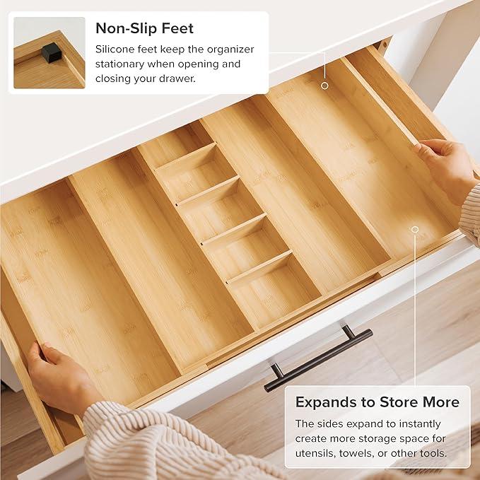 KitchenEdge Adjustable Bamboo Kitchen Drawer Organizer for Utensils and Junk, Expandable to 28 inches Wide, 9 Compartments - ModernBath