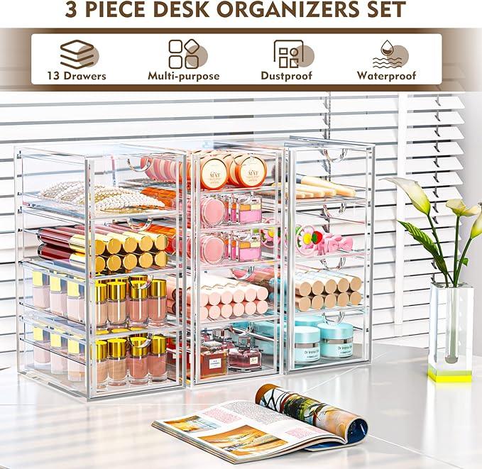 Acrylic Desk Organizers And Accessories With 13 Drawers, Office Desktop Drawers, Plastic Makeup Organizer Containers Bins With Drawers Desk Organization, Bathroom Organizers Storage Case Box Cube - ModernBath