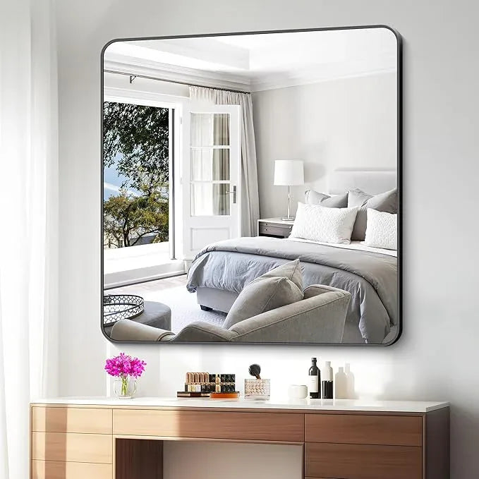 BONEWEI 48x48 inch Bathroom Mirror,Black Rectangle Mirror,Wall Mounted Bathroom Frame Vanity Mirror with Round Corner for Bedroom Living Room,Entryway Hangs Horizontal or Vertical - ModernBath