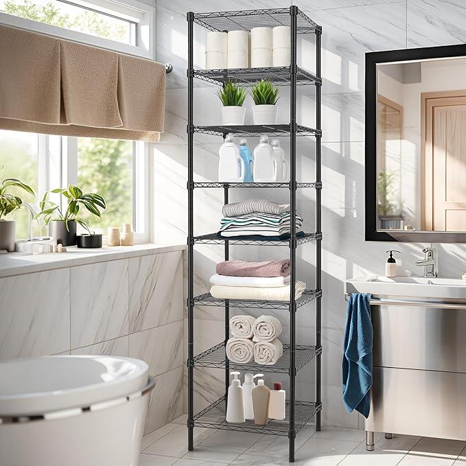 Finnhomy Heavy Duty 8 Tier Wire Shelving, 18x18x78.8 inches 8 Shelves Storage Rack with Thicken Steel Tube, Pantry Shelves for Storage, Adjustable Metal Shelving Unit, NSF Certified, Black - ModernBath