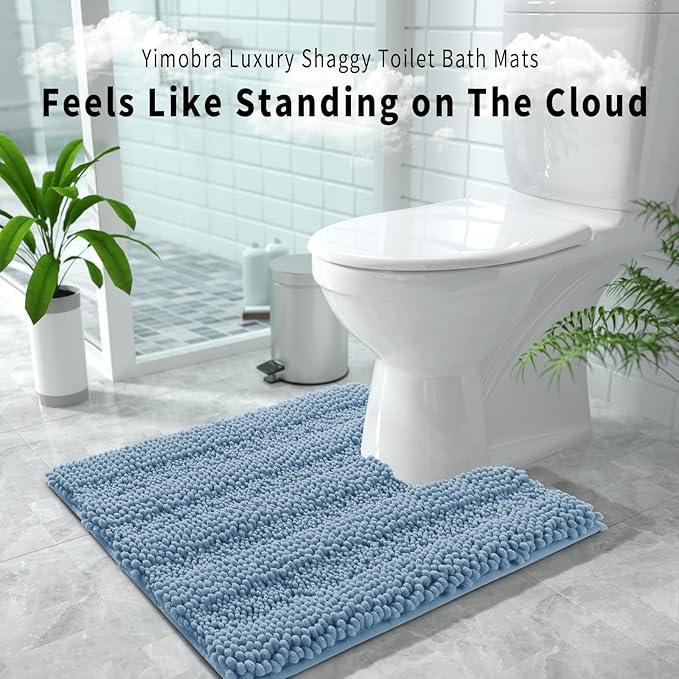 Yimobra Toilet Rugs U Shaped Washable 24 x 20, Non Slip and Super Absorbent Toilet Mat, Quick Dry, Ultra Luxury Microfiber Chenille Plush Fluffy Contour Bath Rugs for Toilet Base, Denim Blue - ModernBath