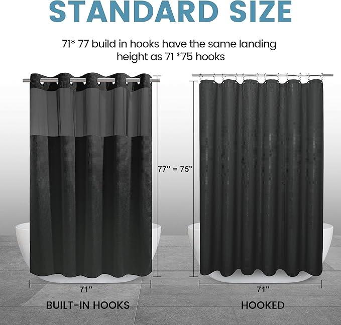 EUTXL Long No Hook Shower Curtain with Snap in Liner,230GSM Waffle Weave Shower Curtains for Bathroom,71W x 77H(75"),Black - ModernBath