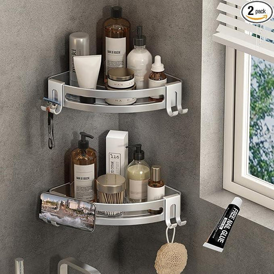 VOLPONE Shower Corner Shelf Caddy 2 Pack shower Organizer No Drill (adhesive mounting, no suction cup) Shower Storage Rust Proof Bathroom Corner Wall Shelf shampoo holder Silver - ModernBath