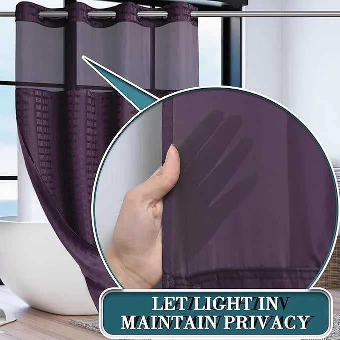 Conbo Mio Stall No Hook Shower Curtain with Snap in Liner Set, Hotel Luxury Purple Shower Curtains for Bathroom with See Through Top Window, Waterproof, Washable 54W x 74H - ModernBath