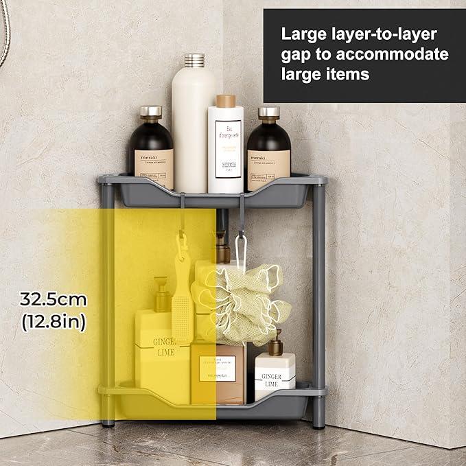 Orimade Rustproof 2 Tier Floor Standing Corner Shower Caddy Organizer, Plastic Metal Splicing Floor Corner Shelf Rack Stands for Bathroom, Grey - ModernBath