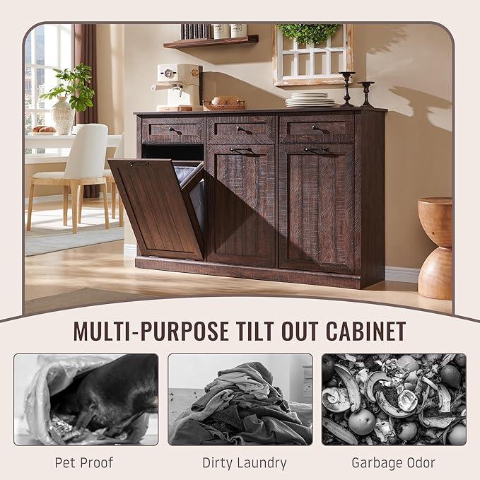 Triple Tilt Out Laundry Hamper Cabinet, 20 Gallon Farmhouse Trash Can Cabinet w/Drawer & Adjustable Shelf, Hidden Garbage Can Bin Cabinets w/Laundry Basket for Bathroom, Kitchen (Brown) - ModernBath