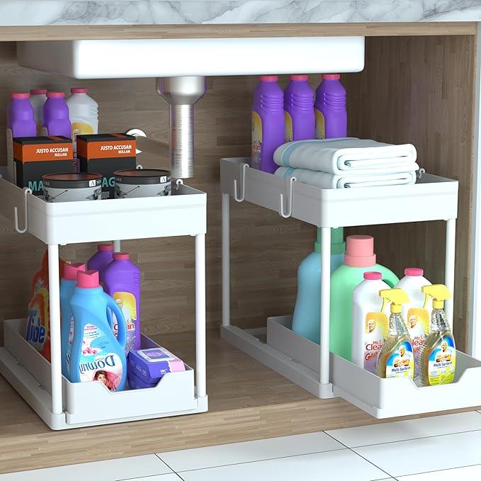 DEKAVA Cabinet, 2 Pack Under Sink Organizer, 2 Tier Sliding Bathroom Kitchen Organizer, Large White ABS Baskets, Easy Install & Clean - ModernBath