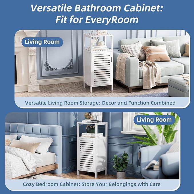 HITNET Bamboo Bathroom Storage Cabinet, 4 Tier Small White Floor Cabinet with Single Door, Free Standing Slim Narrow Storage Organizer for Bedroom Living Room - ModernBath