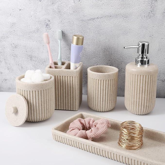 XLHOMO Resin Beige Bathroom Accessories Set 5 Pcs, Lotion Soap Dispenser, Toothbrush Holder, Bathroom Tumbler, Qtip Holder and Vanity Tray, Bathroom Countertop Organizer Set for Modern Home Apartment - ModernBath